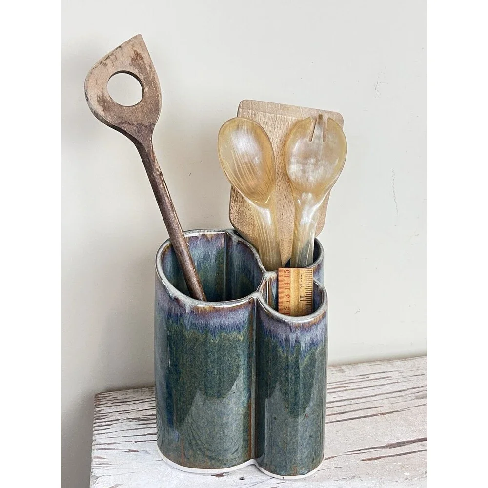 Vintage Hand Thrown Stoneware Pottery Utensils Office Bathroom Items Holder Home